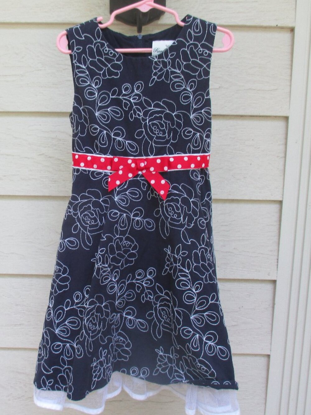 Girls Rare Editions blue dress emboridered white flowers & red dotted sash tie 6